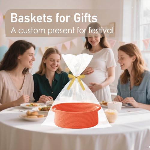 Image of JMvicyroam Small Woven Basket, Empty Gift Basket, Orange /3 Pack | Small Gift Basket, Cotton Rope, 12 x 8 x 17 in, Handles, Includes Ribbon and Bag, Birthday Gift Basket