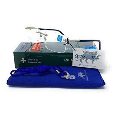 VENICE EYEWEAR OCCHIALI Reading Glasses Frameless Model AIR Spring Hinge Pharmacy Quality (Blue, 3, diopters) Cover