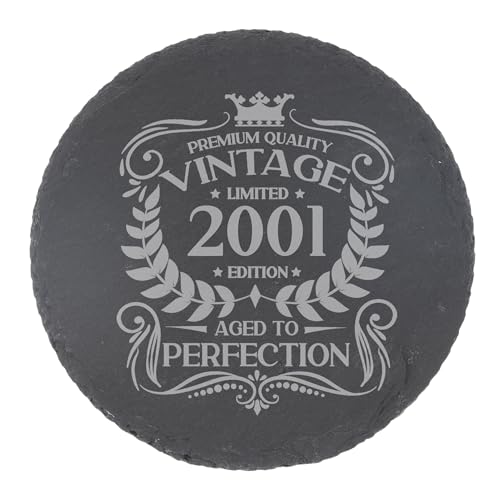 Image of 25th Birthday Gift for Men Vintage 2001 Aged to Perfection Engraved Slate Coaster Present for 25 Year Old Etched Natural Slate Placemat (Round Slate)