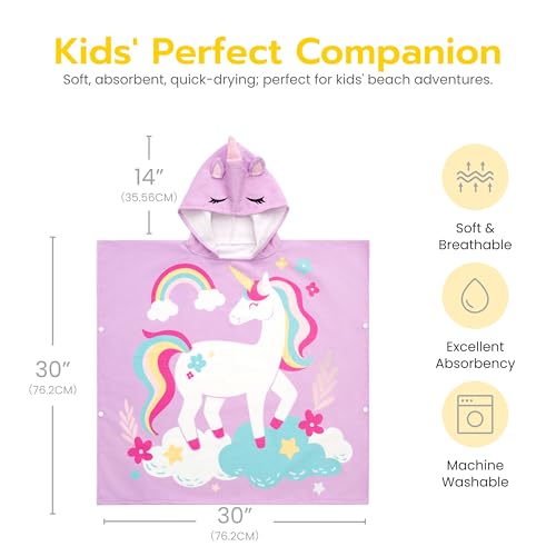 Joiedomi 30* 30 Badeponcho Badetuch für Kinder,Lila Einhorn-Mikrofaser-Kapuzenhandtuch-Poncho für Strand, Pool, Bad, schnelltrocknend