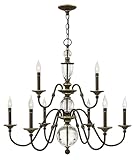 Hinkley Eleanor Medium Two Tier Chandelier - Traditional, 9-Light, Sleek Candle Sleeves, Solid Crystal Accents - Light Oiled Bronze Finish