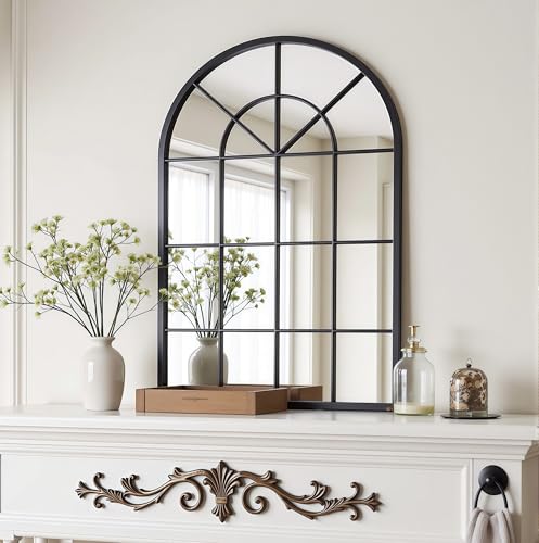 Image of Dewfig Arched Wall Mirror, 42 inchx30 inch Metal Frame Windowpane Mirror, Black