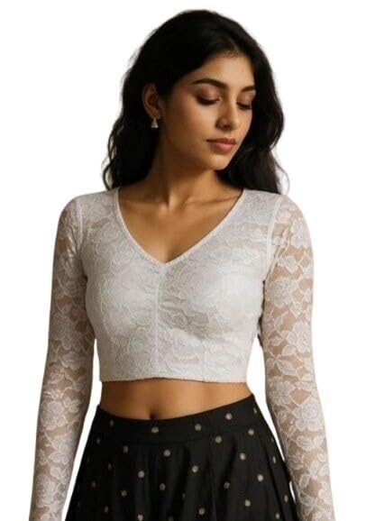 Super Net Embroidered Long Sleeve Blouse for Women (Sizes 32 & 34) – Made in India White 34