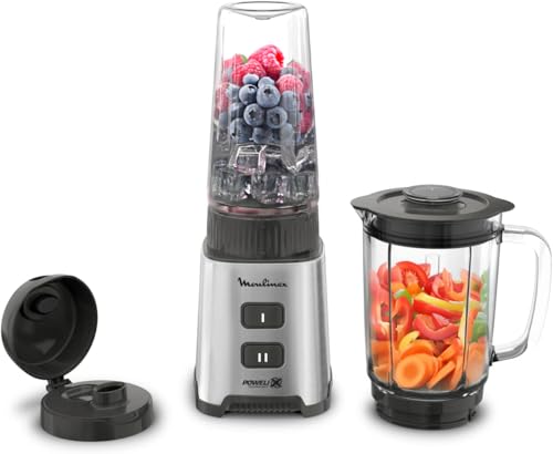 Moulinex Blender, Mini mixeur compact, 400 W, Technologie Powelix, Lames amovibles, 2 vitesses, Contrôle de la texture, Verseuse en verre, Bouteille à emporter en Tritan, Pulseo, Métal LM17GD10
