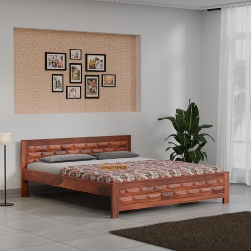 Image of Solid Sheesham Wood Queen Size Bed Without Storage | Double Bed Cot for Bedroom | Palang Double Bed for Home | Wooden Double cot for Living Room | Rosewood, Honey Finish