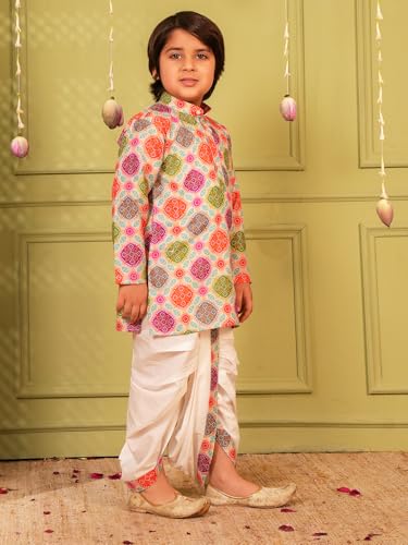 Image of AJ DEZINES Kids Cotton Printed Dhoti Kurta Set For Boys | Fashionable Bandhani Print Kurta | Stylish Boys Kurta Set | Perfect For Festivals Wedding & Family Function Wear