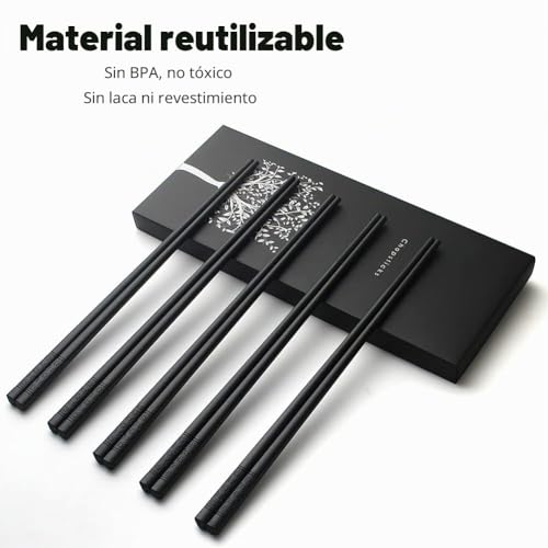 Miniatura 4 de Aoosy - Varillas De Fibra De Vidrio 5 Pares, Lavables En Lavavajillas, Palillos Japoneses De Aleación Reutilizables, Palillos Negros Sushi Negro Varillas Antideslizantes Negras