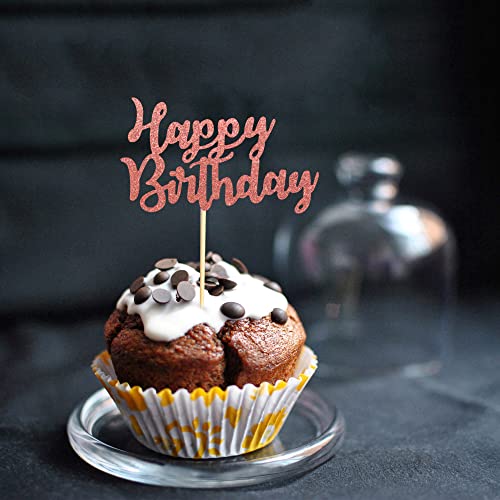 Arthsdite Pack Of 48 Pre-Assembled Rose Gold Glitter Happy Birthday Cupcake Toppers Cake Food Fruit Picks For Celebrating Birthday Party Decoration Supplies #TOP3