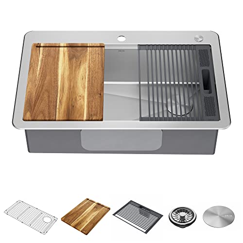 DELTA FAUCET 95A932 33S SS Lorelai Workstation Kitchen Sink Drop in Top Mount Stainless Steel Single Bowl with WorkFlow Ledge and Chefs Kit of 5 Accessories