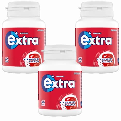 Extra Strawberry Chewing Gum Bottle 46pcs x 3, Sugar Free Fruity Snack for Fresh Breath with Welari Thank You Card | (3pack)