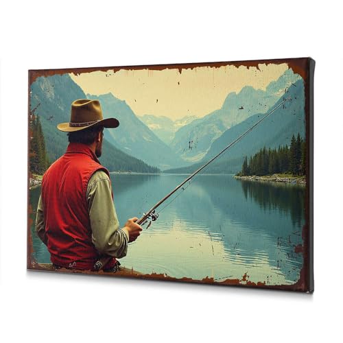 Toile pour salle de bain d'art shabby chic motif de pêcheur sur lac serein en 30 x 40 cm