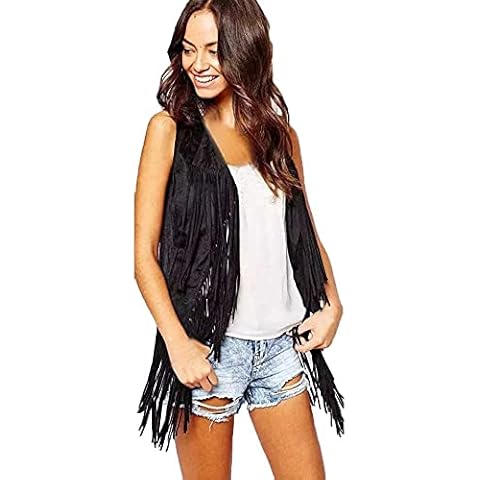 melupa Fringe Vest for Women Autumn Winter Faux Suede Ethnic Cardigan Sleeveless Tassels 70S Vintage Vest Cardigans Black, 3X-Large Cover