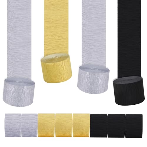 BEISHIDA 8 Rolls Black Gold Silver Crepe Paper Streamers for Graduation Birthday Newyear Party Decorations, DIY Craft Paper(1.8 Inch x 82 Ft/Roll)