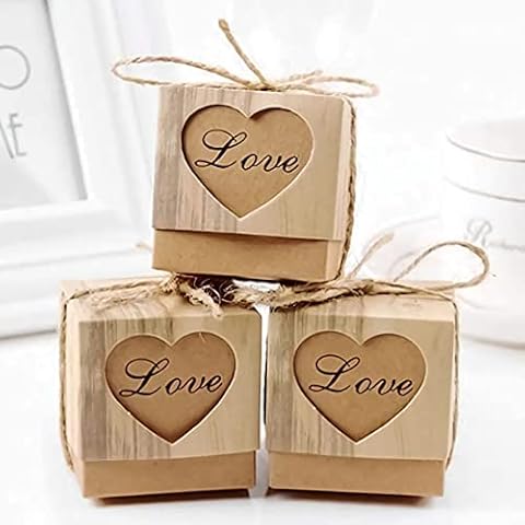 Rustic Candy Boxes,50pcs Wedding Favor Boxes,Love Kraft Bonbonniere Paper Gift Boxes with Burlap Jute Twine for Bridal Shower Wedding Birthday Party Rustic Wedding Christmas Decorations Cover