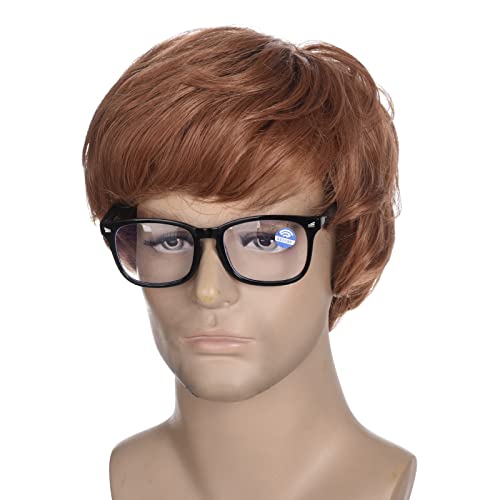 Short Mens Brown Wig Short Curly Mens 60s and 70s Cosplay Halloween Costume Shaggy Male Wig and Glasses(Bronze)