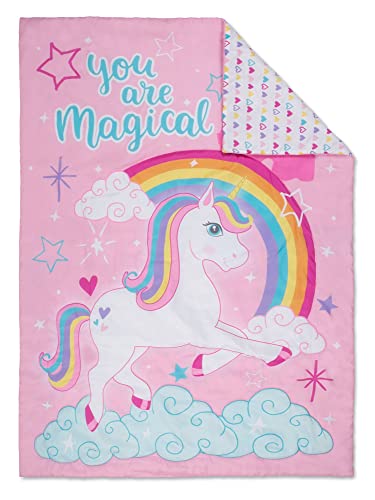 Image of Baby Boom Funhouse Unicorn Love 4 Piece Toddler Bedding Set - Includes Comforter, Sheet Set - Fitted + Top Sheet + Reversible Pillowcase for Girls Bed, Pink