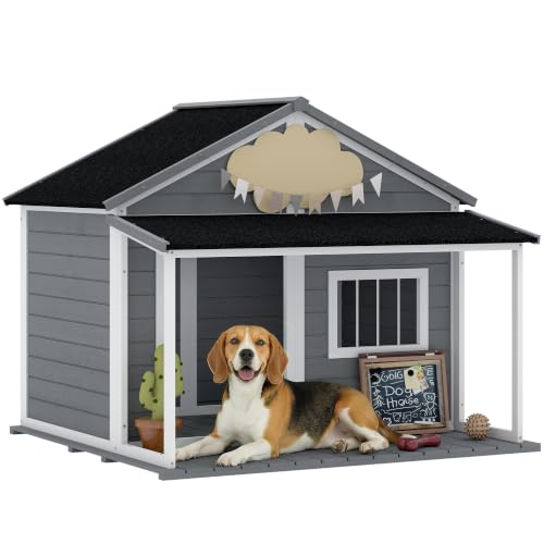 PawHut Hundehütte Wetterfest für Große Hunde, 124 x 112 x 105 cm Grau