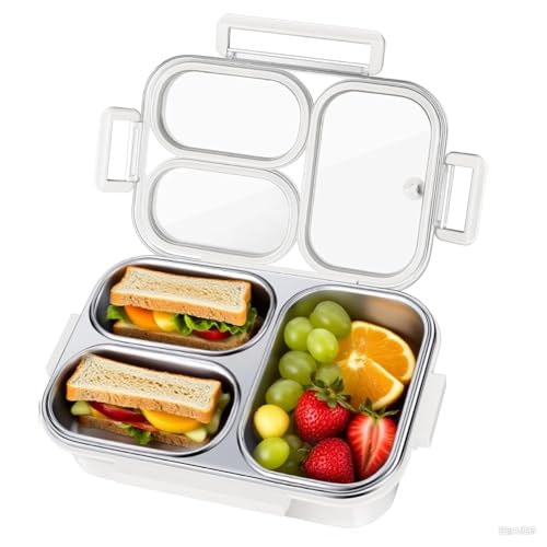 Jorzer Fiambrera de acero inoxidable. Fiambrera apta para microondas con 3 compartimentos. Recipiente hermético para alimentos ideal para la escuela el trabajo o un picnic.