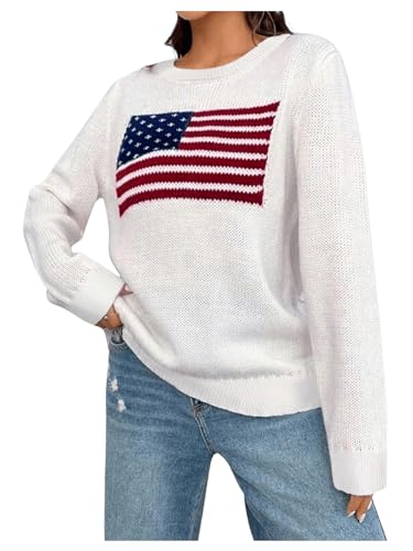 Image of GORGLITTER Women's American Flag Sweaters 2026 4th of July Outfits Fall Oversized Long Sleeve Knit Pullover Tops