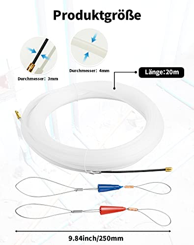 Einziehspirale Kabeleinziehhilfe 20m 4mm Zugdraht mit Führungsfeder, Einziehband Kabeleinzug Kabel Einzugshilfe Einziehhilfe Einzugsband Kabel Durchziehhilfe Kabelverlegung Leerrohr für Erdkabel