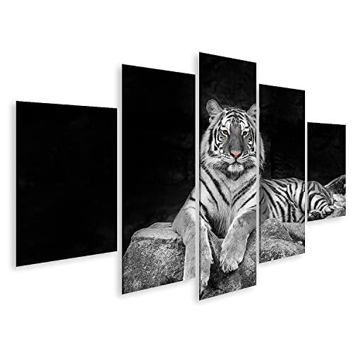 islandburner Tableau sur toile Tigre couché sur pierre noir et blanc Cadre Affiche Poster Murale Tableaux