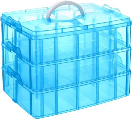 Image of RECLUSE BLUE Craft Storage Box with 3 Tiers - Storage Box with 30 Adjustable Dividers Compartments Stackable Plastic Container for Arts & Sewing Accessories, Wire, Beads, Jewellery, Toys