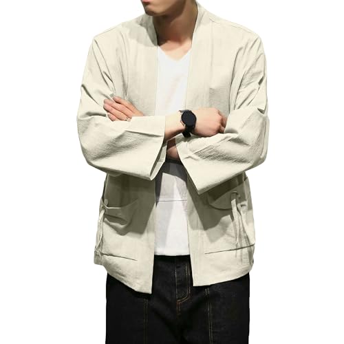 Image of Mens Kimono Cardigan Cotton Linen Japanese Shirt 3 /4 Sleeve Haori Yukata | Skin-Friendly Solid Color Lightweight Shawl Collar Kimono Robe Embroidery Button Tie Pockets Happi Coat All Season Daily Wear