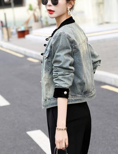 Kwoki Womens Cropped Denim Jacket Casual Long Sleeve Baseball Collar Bomber Jackets Patchwork Short Jean Coat 7
