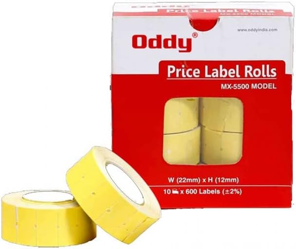 HUNNY- BUNCH® Premium Oddy Price Label Rolls/Self Adhesive Paper Label Roll Plain & Yellow - Compatible with All Famous Labeling Machines, Pack of 10 Rolls(6000 Labels)