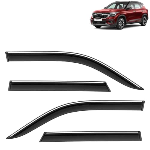 Image of KINGSWAY Accessories Chrome Lining Door Visor Only Compatible with Kia Seltos (Year 2023 to 2025) All Model, Premium Chromeline Unbreakable Car Rain Guard Side Rear Wind Deflectors, Set of 4 Pcs