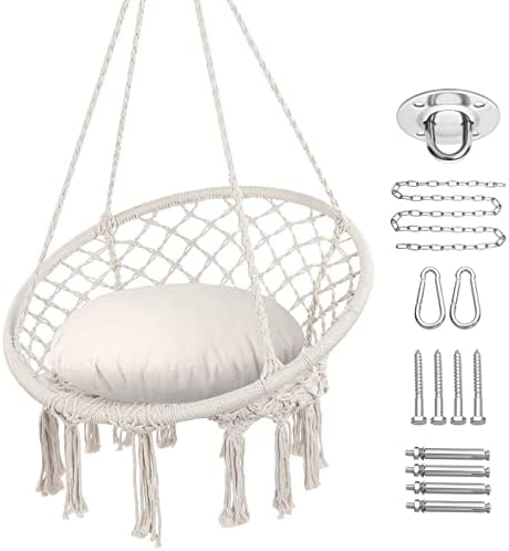 Y- Stop Hammock Chair Macrame Swing Chair, Max 330 Lbs, Hanging Chair Cotton Rope Hammock Chair Swing for Indoor and Outdoor Use, Beige