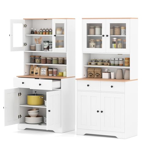 Image of LOKO 67” Tall Kitchen Hutch Cabinet, Pantry Cabinet with 2 Removable Shelves, 2 Drawers, 2 Glass Doors & 1 Cupboard, Farmhouse Storage Organizer for Dining Room, Living Room (White)