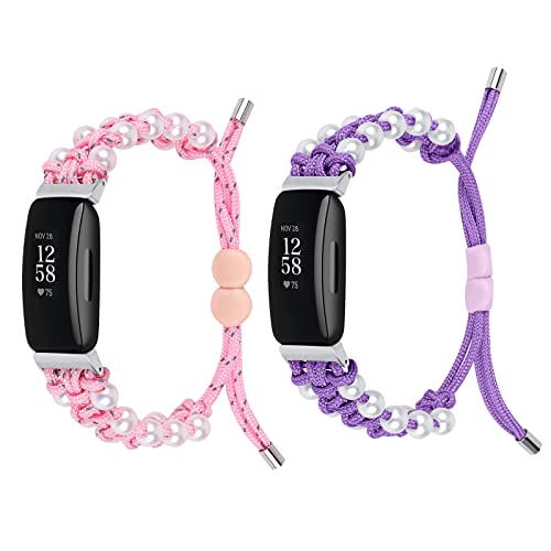 Fitturn Cute Nylon Bands Compatible With Fitbit Ace 3/ Ace 2 Band For Kids Small Pearl Rope Adjustable Bracelet Braided Nylon Friendship Strap Accessories Bands Gift Girls Boys (Purple&Pink) #TOP5