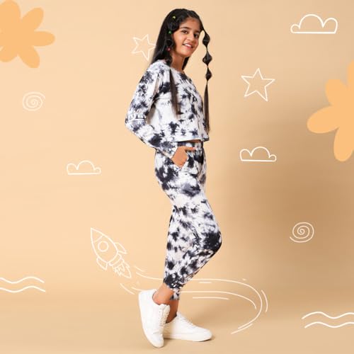Image of TeenTrums Tie Dye Black Co-ord Set with Boat Neck Tshirt & Joggers, 100% Cotton, Fashion for Youth, Stylish Teen Fashion Collection, Tie Dye Set of Top & Bottom for Girls, Age 05 to 16 Years