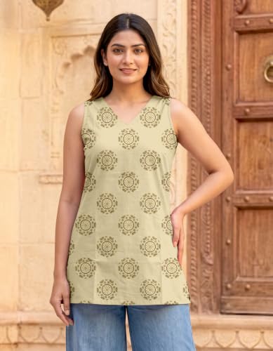 Image of Women's Printed Sleeveless Cotton Kurti Top with V-Neck, Straight Fit Casual Ethnic Tunic for Office, Daily & Casual Wear