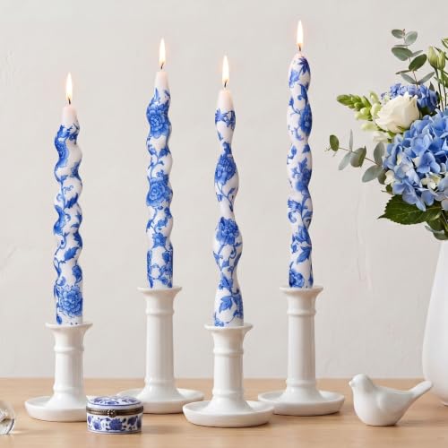 Nuanchu 4 Pcs Twisted Taper Candles, 7.87 Inch, Chinoiserie, Blue White