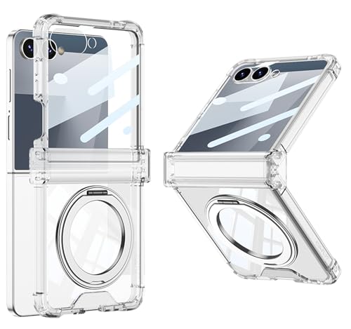 Funda Magnética Transparente para Samsung Galaxy Z Flip 7 con Bisagra Protectora & Soporte de Anillo y Protector de Pantalla,[Soporte Carga Inalámbrica] Funda Claro Airbag a Prueba de Golpes (Claro)