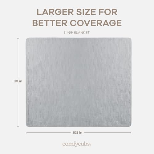 Image of Comfy Cubs Muslin Blanket for Adults King 108 inch x 90 inch - 6 Layer Soft, Breathable & Lightweight Muslin Adult Blanket - Machine Washable & Designed in The US Bedding for All Seasons -Heather Blue
