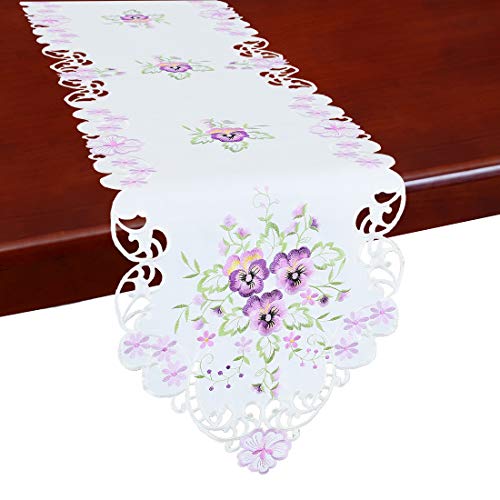 Simhomsen Floral Table Runners, Embroidered Purple Pansy Flowers on Cream-White Background (14 × 107 Inch)