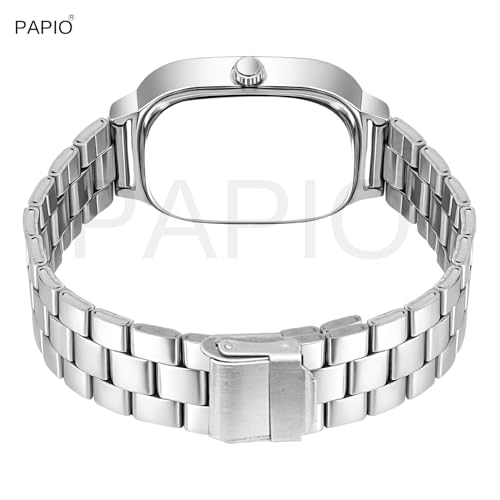 Image of PAPIO Analog Quartz Watch with Date Display | Silver Stainless Steel Strap | Square Dial Formal & Casual Wrist Watch for Men