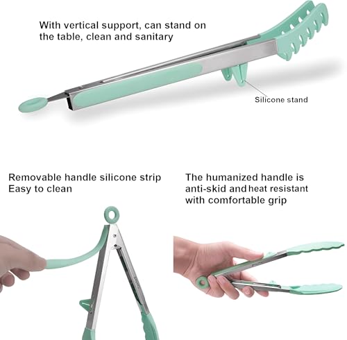 Image of YOMITH Stainless Steel Kitchen Tongs with Silicone Head, Nonstick Food Grade Cooking Tweezer Chimta for Buffet Multi Purpose Food Serving Tools (Green, 3 PCS Set)