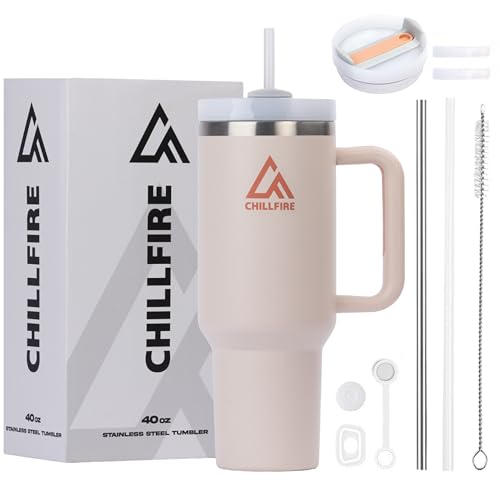 ChillFire 40oz Tumbler with Straw and Lid - 100% Leakproof Insulated Tumbler with Straw - Unique Accessories - Travel Mug with Handle - Stainless Steel 40 oz Tumbler Cup with Straw - Hot & Cold Drinks