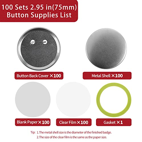 100 Sets Button Maker Supplies, 75mm / 2.95 inch Button Supplies Buttons Parts, (Approx. 3 inch) Metal Blank Badge Parts with Blank Paper for Buttons Maker Machine Pin Maker Press