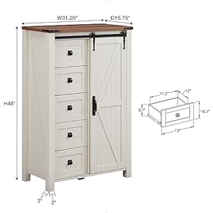 T4TREAM 5 Drawers Dresser for Bedroom wSliding Barn Door Farmhouse Modern Tall Dresser 5 Chest of Drawers Storage Organizer Dresser for Bedroom Hallway Living Room Kids Room Antique White