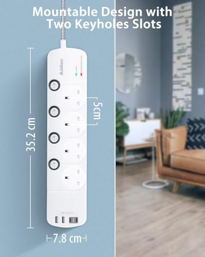 1.8M Extension Lead, 4 Way Socket Outlets Power Strips with 4 USB(2 Type C) - Image 5
