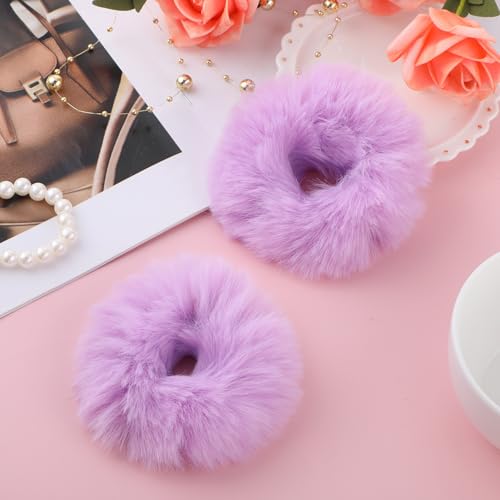 2 Stücke Haargummi Scrunchie Lila Pom Pom Stirnbänder Plüsch Kratzbänder Faux Kaninchen Haar Blase Elastische Baby Scrunchies Pferdeschwanz Haarschmuck Mädchen Lila Haargummis