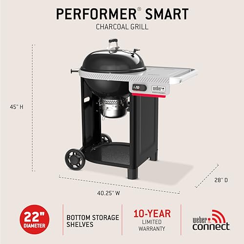 Image of Weber Performer 22‑Inch Smart Charcoal Grill for Outdoor Cooking - Black, Porcelain-Enameled Finish, Wi-Fi Enabled Grill with Prep Table, & Weber Connect, Kettle