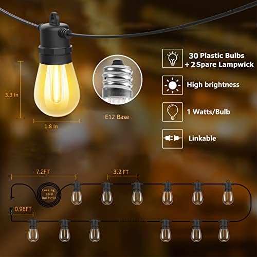 Yuucio 30M Outdoor LED String Lights Mains Powered, 100FT Garden Festoon Lights with 30+2 S14 Plastic Bulbs, Waterproof IP65 Hanging Lights for Patio Porch 2700K Warm White