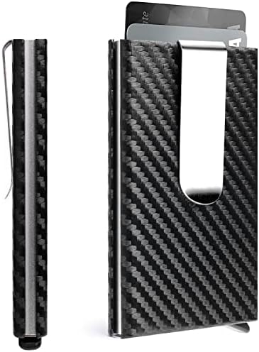 SLUKULU Slim Wallet for Men with Money Clip and Credit Card Holder, RFID Blocking Carbon Fiber Wallet Holds 6 Cards and 10 Bills Minimalist Pop-Up Metal Front Pocket Wallet. (Black)