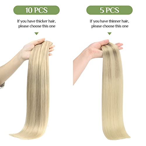 Image of DOORES Hair Extensions Clip in Human Hair, 10pcs 155g 14 Inch Balayage Ash Blonde to Golden Blonde and Platinum Blonde Remy Clip in Human Hair Extensions Natural Straight Hair Extensions